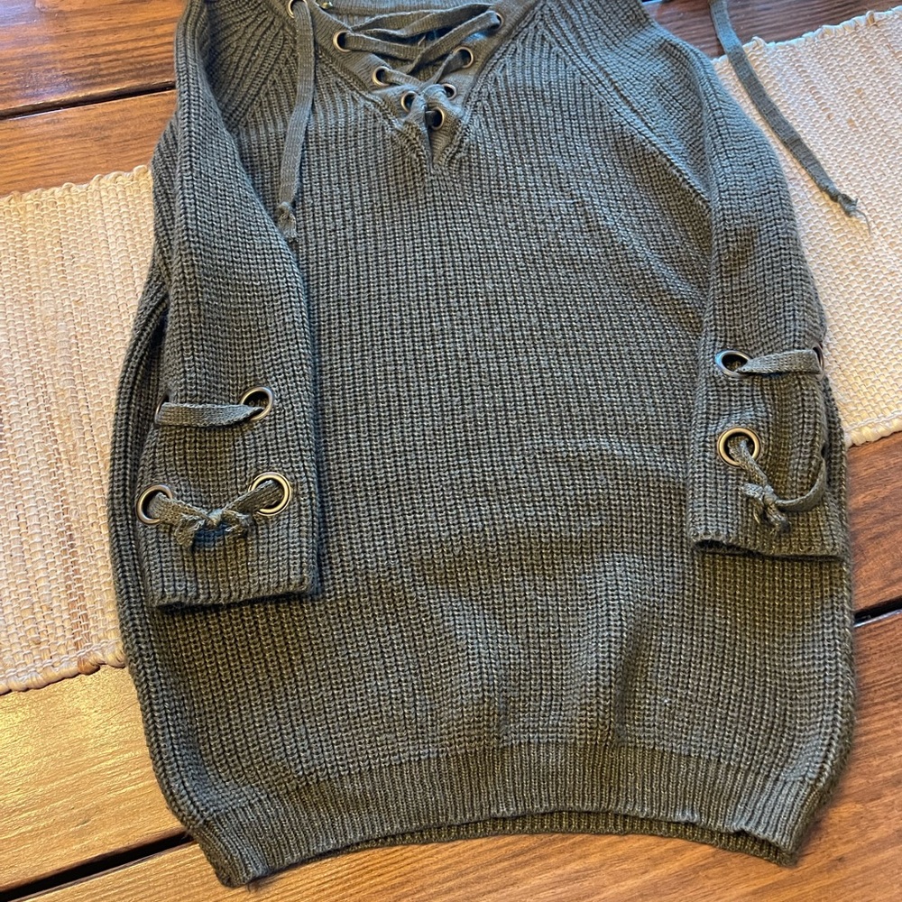 Miracle Olive Green Lace-Up V-Neck Knit Sweater
